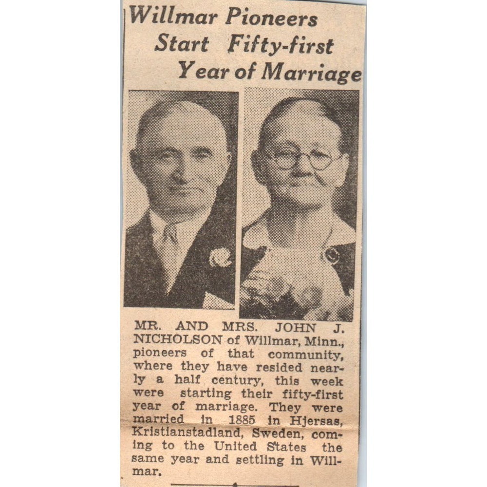 Willmar MN John J. Nicholson 50th Anniversary 1935 Newspaper Article AE7-N5